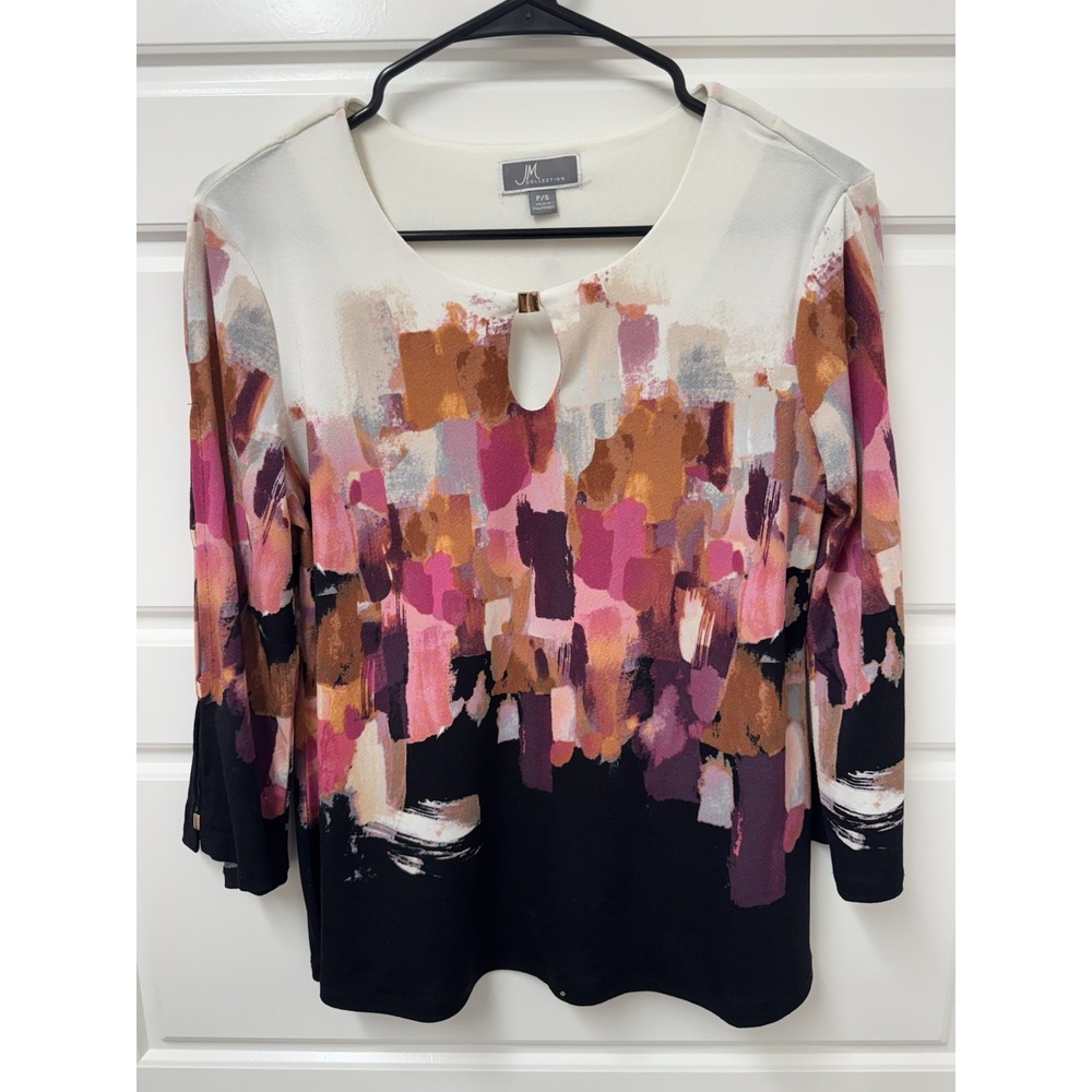 JM Collection Womens PS Multicolor Abstract Dressy Blouse Gold Beads Pullover